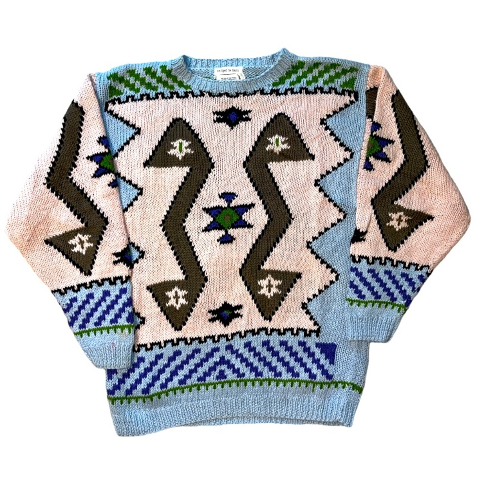 Vintage 80s Knitted By Hand Susann D Pullover Sweater Aztec Southwestern Size M